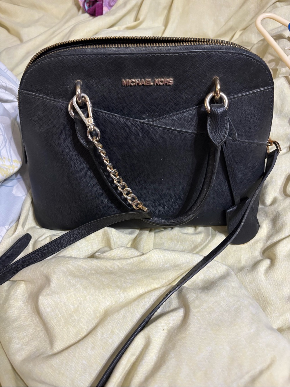 MICHAEL KORS Black Saffiano Crossbody with Gold Chain Accents